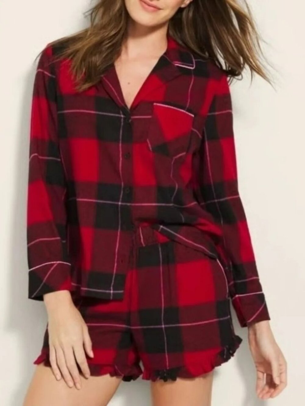 NWT Soma Red and Black Plaid Flannel Pajama Short Set Medium